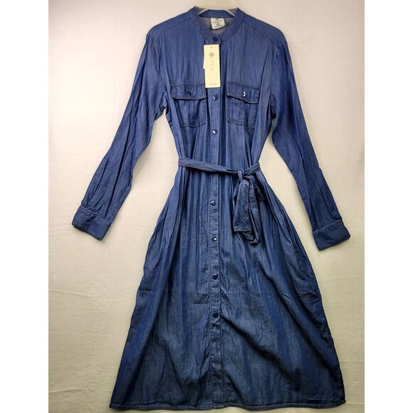 Laurie Felt XS Denim Shirt Dress Snap-button Closure Belted Pockets - Picture 2 of 11